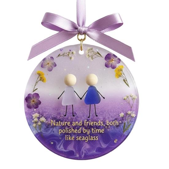 Sea Glass Friendship Ornament Round Handmade Sea Glass Christmas Tree Ornament with Heartwarming Message Friendship Gifts for Best Friends