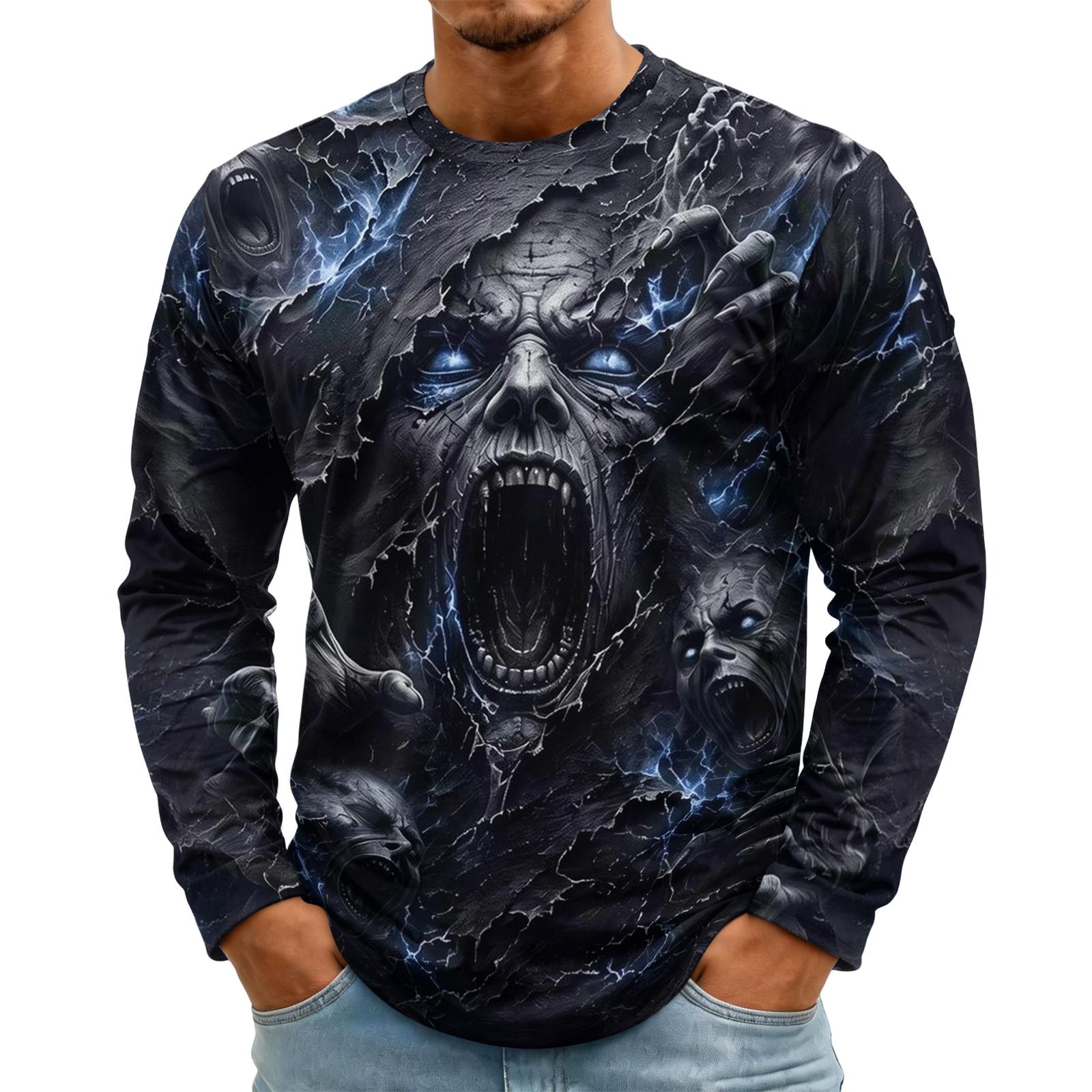 Men s Long Sleeve Raglan T-Shirt with Halloween Print, Neck, Casual XXXL