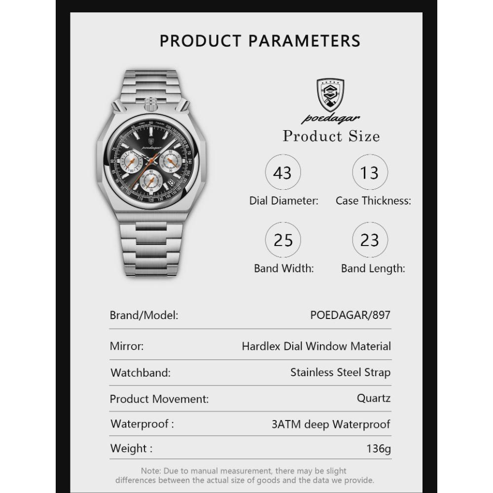 POEDAGAR Luxury Men's Watches Waterproof Stainless Steel Luminous Men Watch Date Chronograph Quartz Male Wristwatch