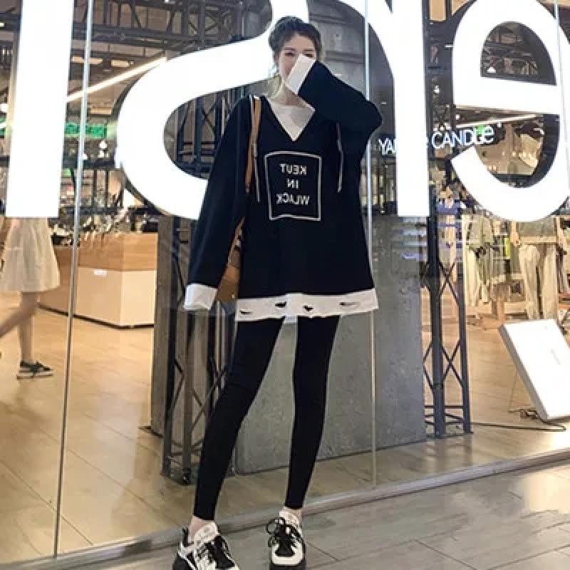 Women's Autumn Ripped Hooded Sweatshirt & Slimming Leggings Two-Piece Set