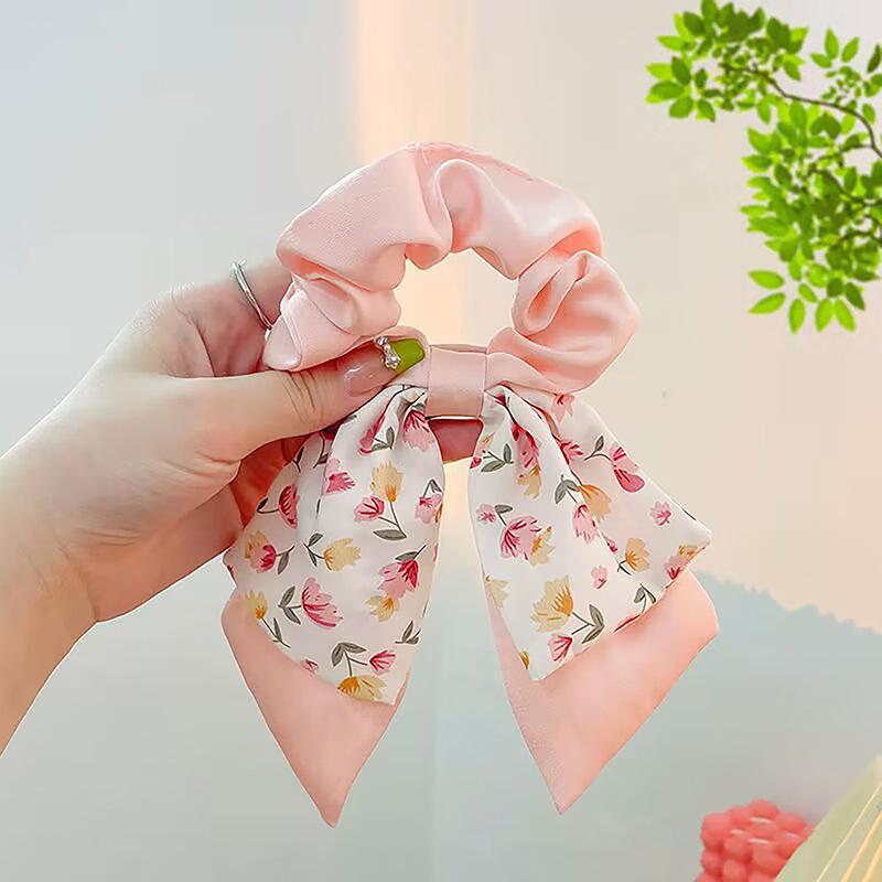 Floral Print Satin Bow Hair Tie Scrunchies Long Ribbon Ponytail Hair Ring For Women Girls Elastic Hair Bands Hair Accessories