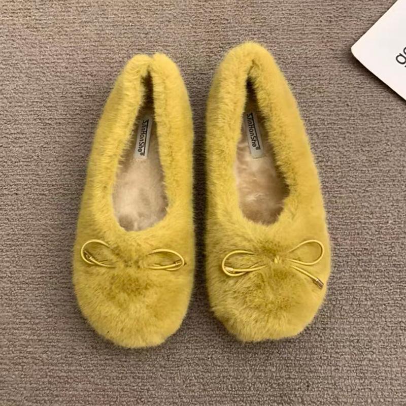 Fashion Fur Women Cotton Shoes Bow Warm Flats Cozy Shoes Winter Fashion Shallow Snow Boots 2025 New Short Plush Dress Botas De Mujer