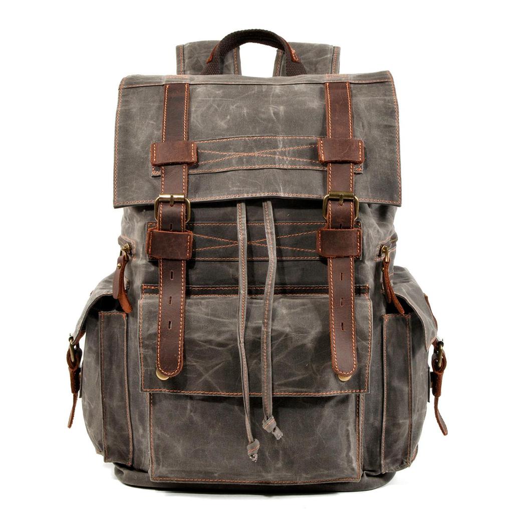 European Retro Double Shoulder Backpack - Waxed Canvas & Genuine Leather for Travel, Outdoor, and Casual Use