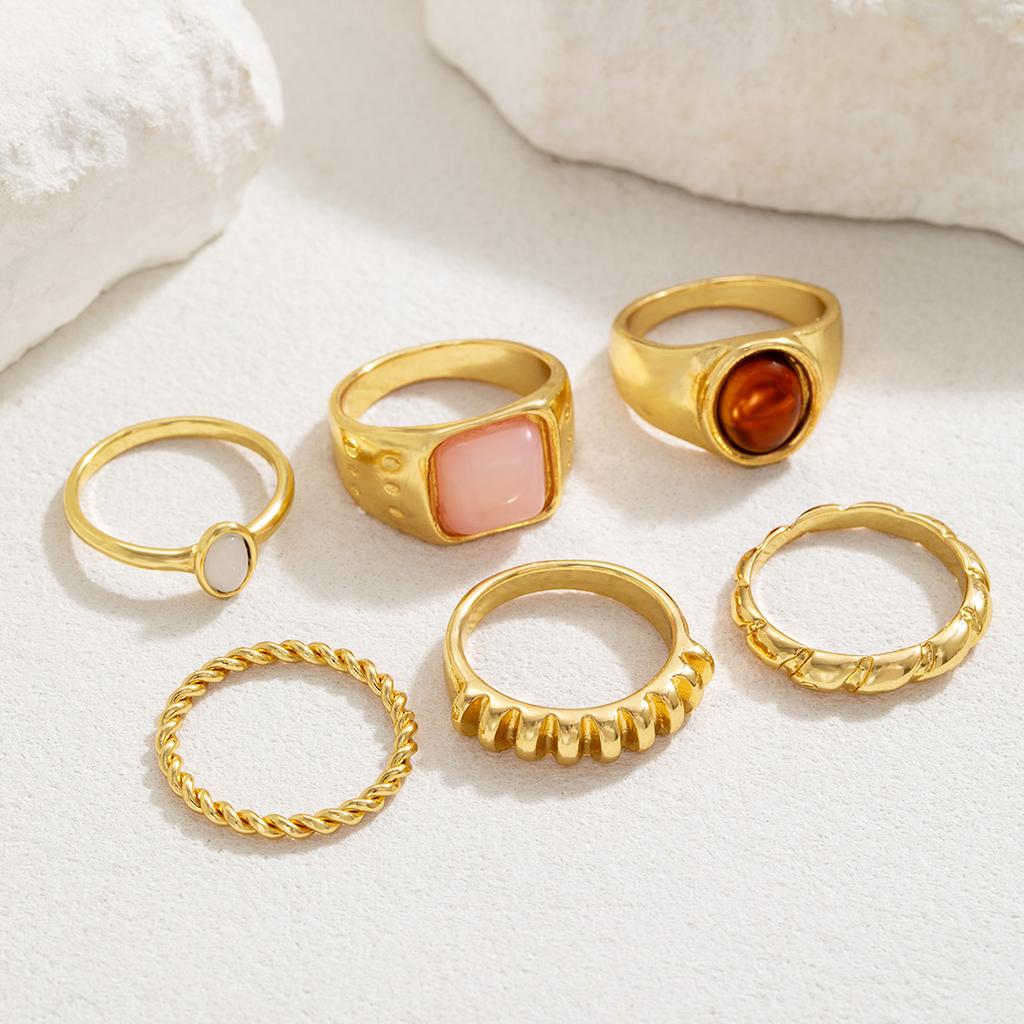 6 Pieces Fashion Personalized Pink Opal Twisted Fried Dough Twists Braid Stacked Women's Ring Set