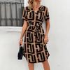 Women Summer Slim Fit V-Neck High Waist A-Line Plaid Dress Short Sleeve Mid Length Belt S-XL Seaside Vacation Dress