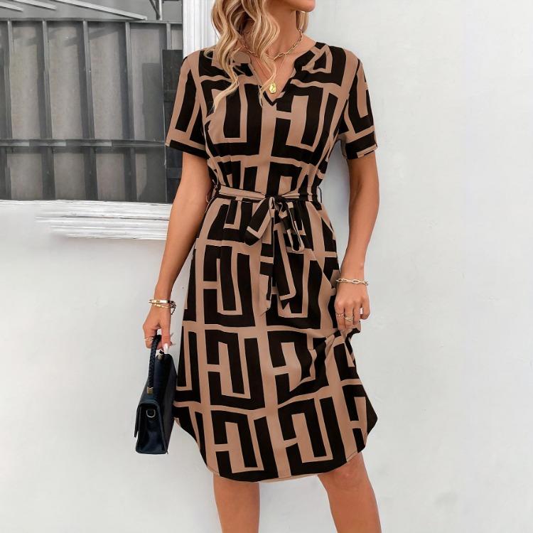 Women Summer Slim Fit V-Neck High Waist A-Line Plaid Dress Short Sleeve Mid Length Belt S-XL Seaside Vacation Dress