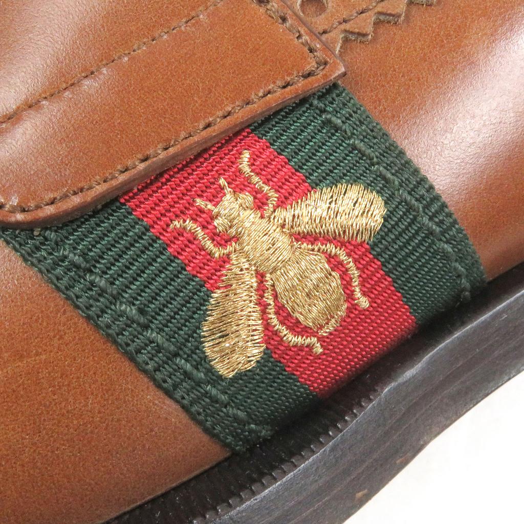 Gucci Loafers Bee Embroidered Web Line Penny Loafers Brown Leather Mens 9 450990 Used