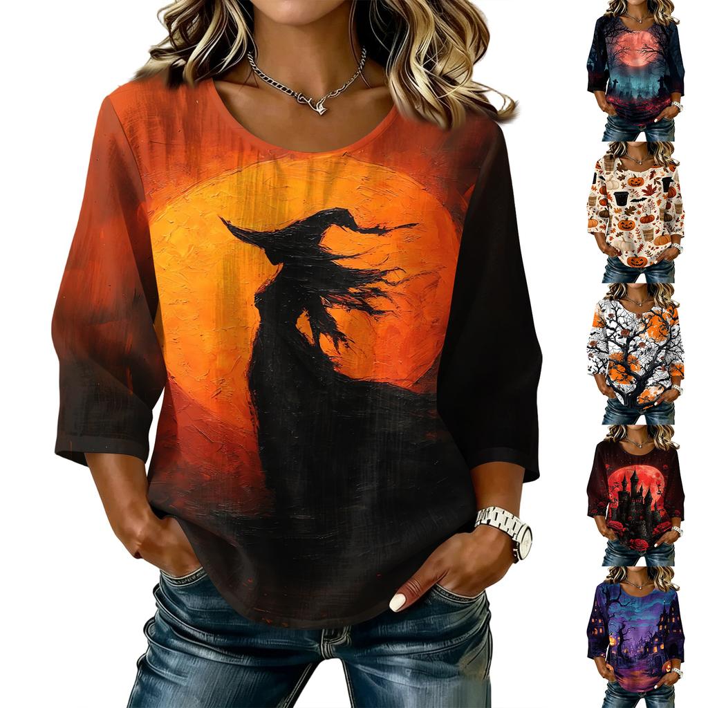 Women's Casual Halloween Print Crew Neck Three Quarter Sleeve Linen Cotton Top Autumn Lightweight Pullover Shirt for Daily Wear