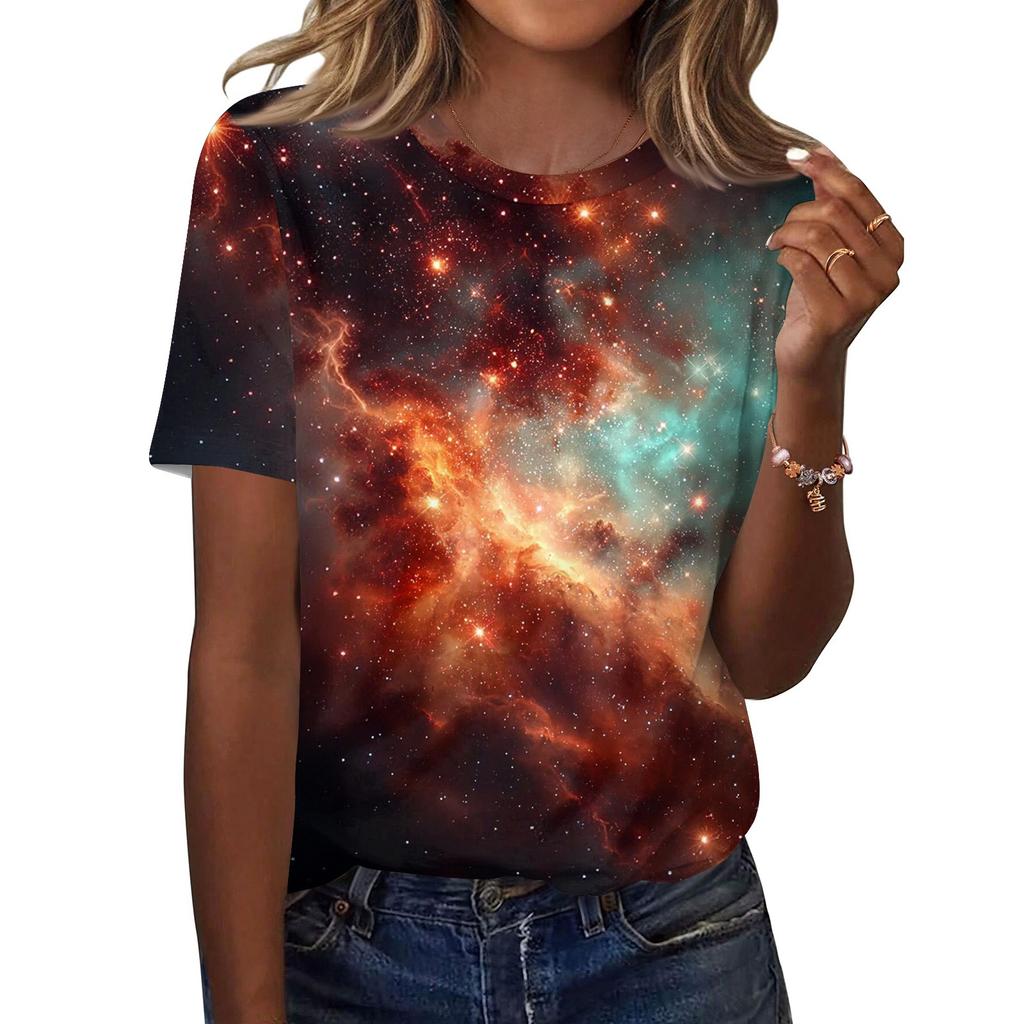 Women's Fashionable Casual Short Sleeve Print Round Neck Pullover Top