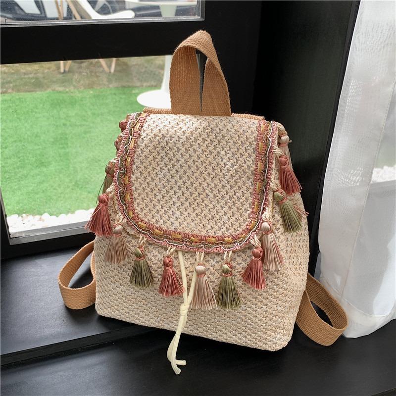 Bohemian Ethnic Style Woven Bag Fringe Backpack Large Capacity Leisure Holiday Straw Bag