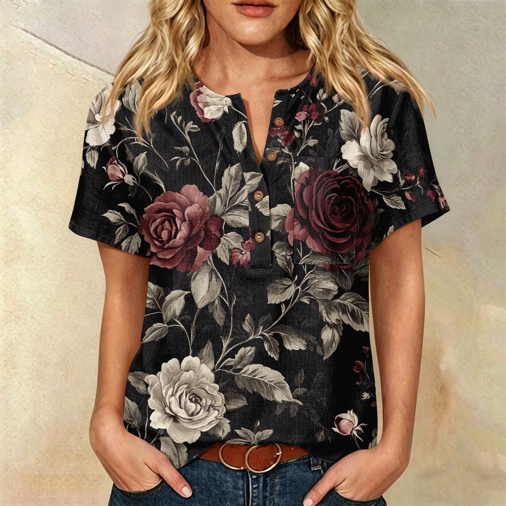 Women Floral Print Henley Neck Short Sleeve Cotton Linen Shirt with Front Pocket and Button Loose Fit Top