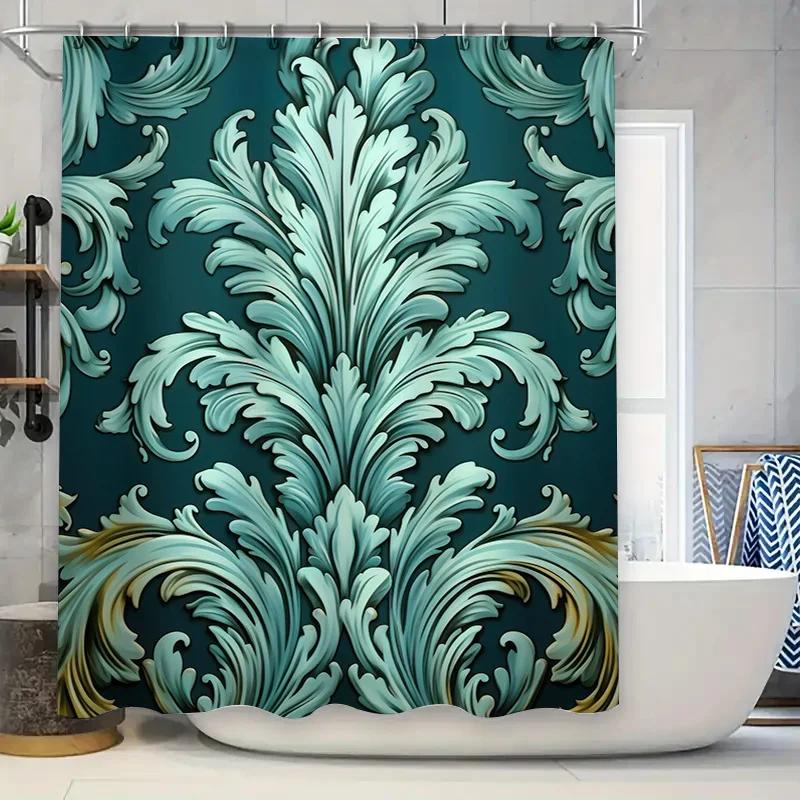 Elegant Waterfall Shower Curtain Luxurious Printed Fabric with Blue Green Color for Bathroom Decor Waterproof Shower Panels Co