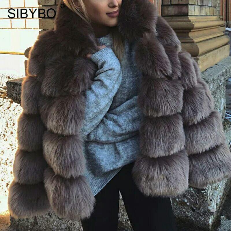 Women's Mid-Length Faux Fox Fur Jacket with Hood - Thickened Winter Patchwork Coat Long Sleeve