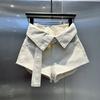 Damen Beigefarbene High Waist Jeans-Shorts mit Oversized-Kragen und Bindegürtel, Lässige Hotpants
