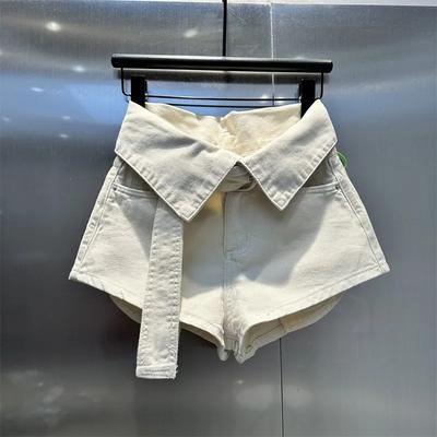 Shorts Vaqueros Beige de Mujer de Cintura Alta Cuello Oversize Cintura de Corbata Casual Pantalones Cortos
