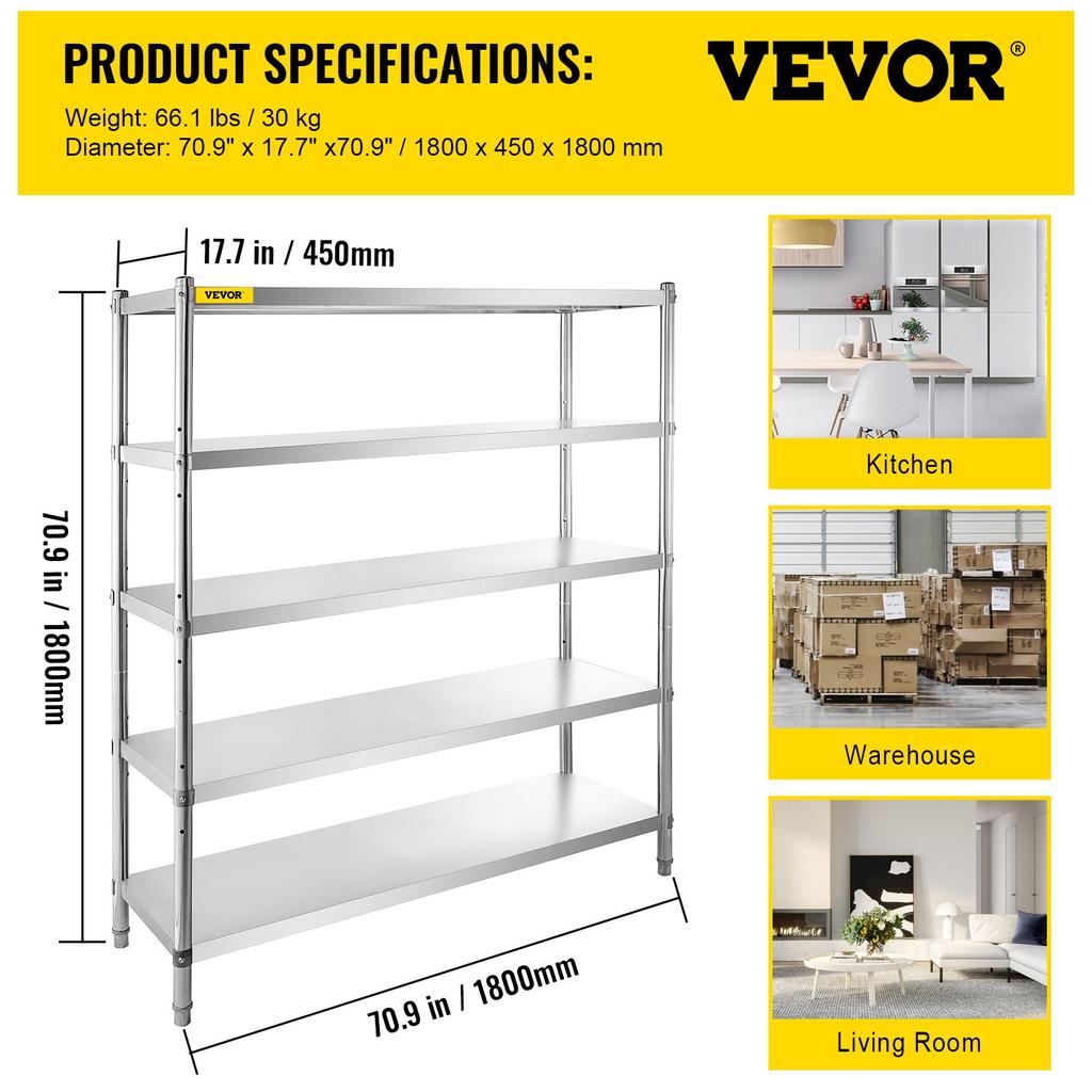 VEVOR Storage Shelf, 5-Tier Storage Shelving Unit, Stainless Steel Garage Shelf, 180.1 x 45 x 180.1 cm Heavy Duty Storage Shelving