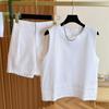 Summer 2025 Women's Chinese Style White Lace Cotton Linen Vest & Shorts Set
