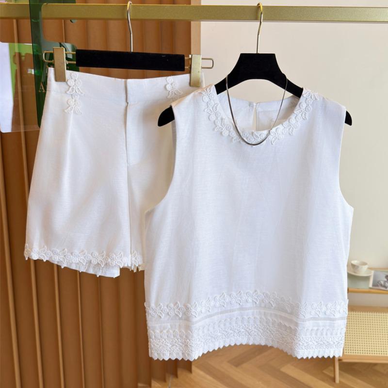 Summer 2025 Women's Chinese Style White Lace Cotton Linen Vest & Shorts Set