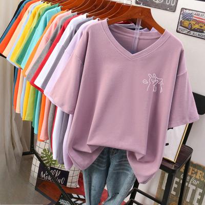 Short-sleeved T-shirt, Loose-fitting, Slimming Printed V-neck Top for Women