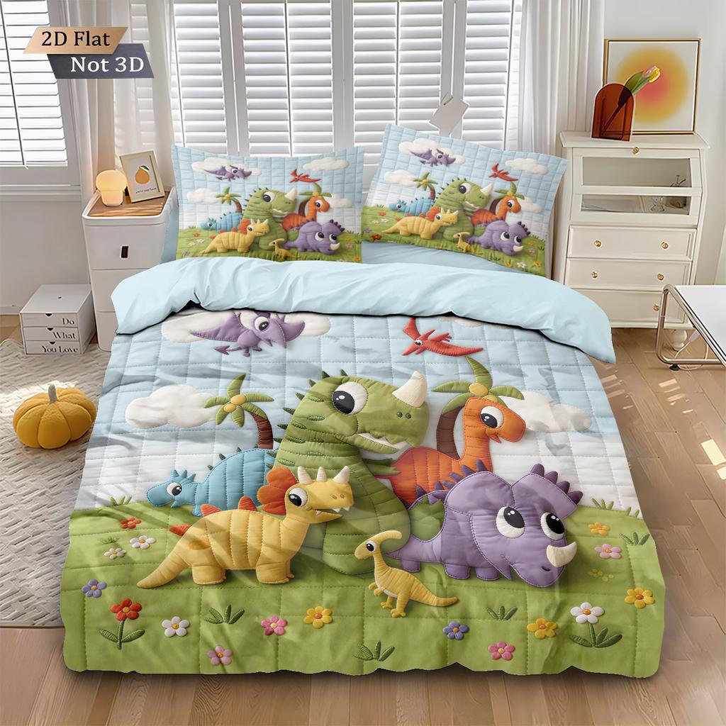 3pcs Cartoon Cute Dinosaur Print Coreless Down Duvet Cover Set Multi Size Bedroom Bedding Decoration Machine Washable