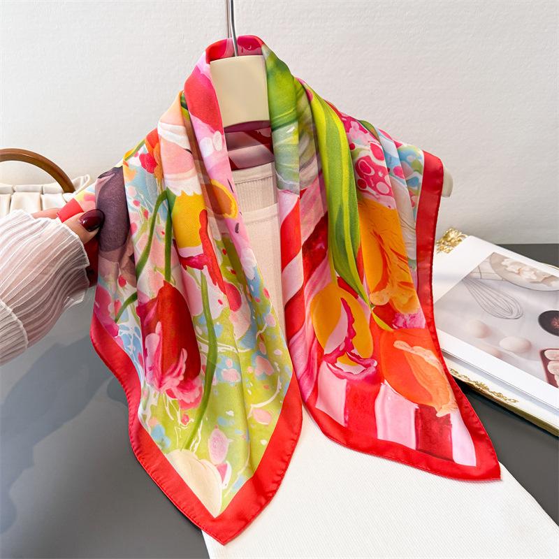 New Artistic Style Printed Imitation Silk Square Scarf Shawl Versatile High-end Feeling Neck Small Headscarf