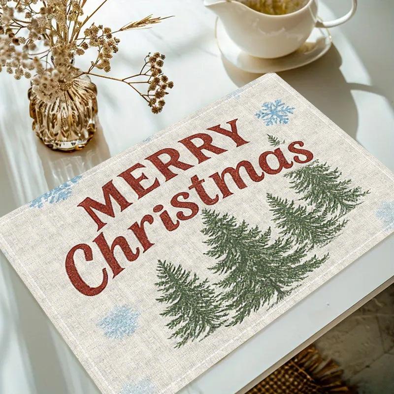 Christmas Linen Placemat Table Coffee Mat Poinsettia Pine Tree Snowflake Cone Merry Christmas Beige Red Green Elegant Decorative