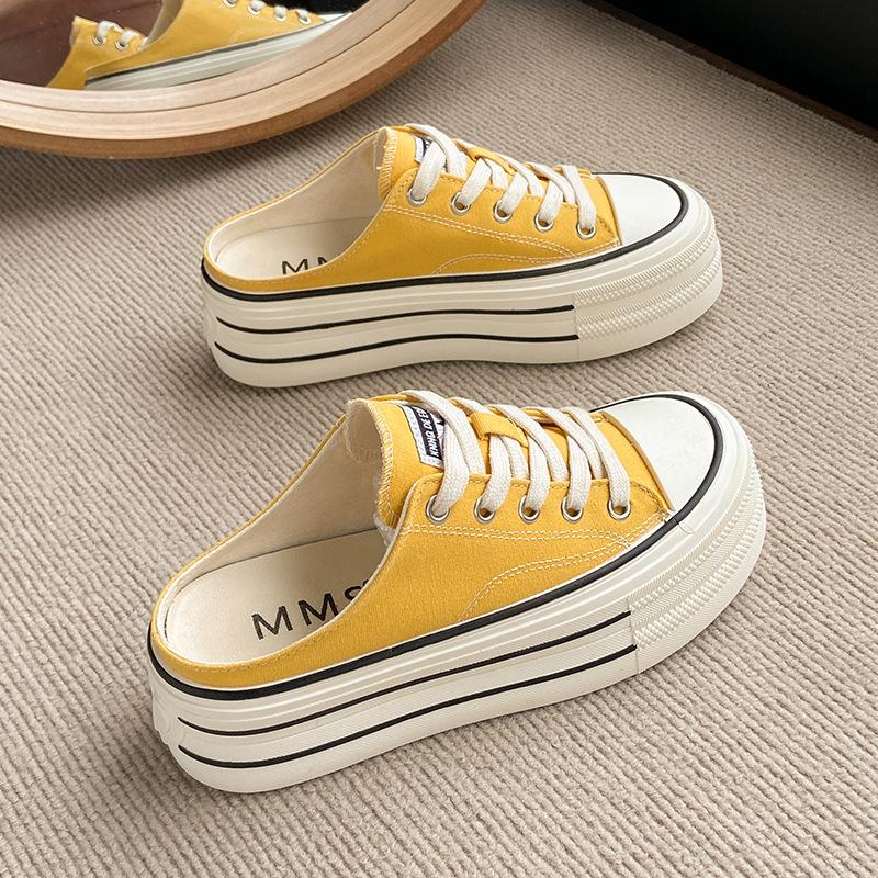 

холщовые полушлепанцы на толстой подошве с одним ремешком, женская летняя обувь, новые маленькие белые туфли, повседневные маленькие туфли на платформе-маффин 40 жёлтый