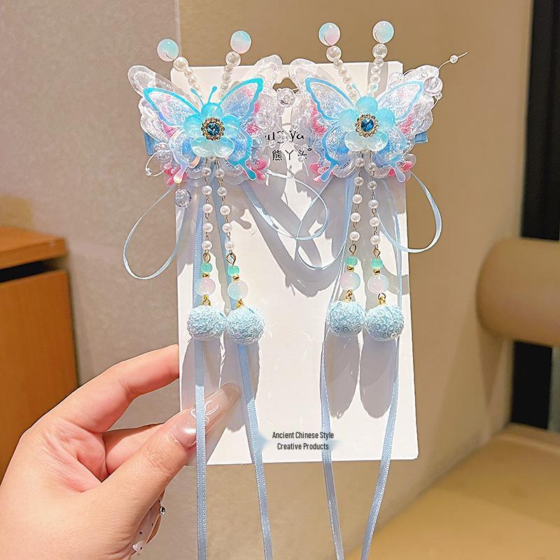 Princess Hanfu Headdress with Flowing Ribbons and Braided Bow Hair Clips for Girls