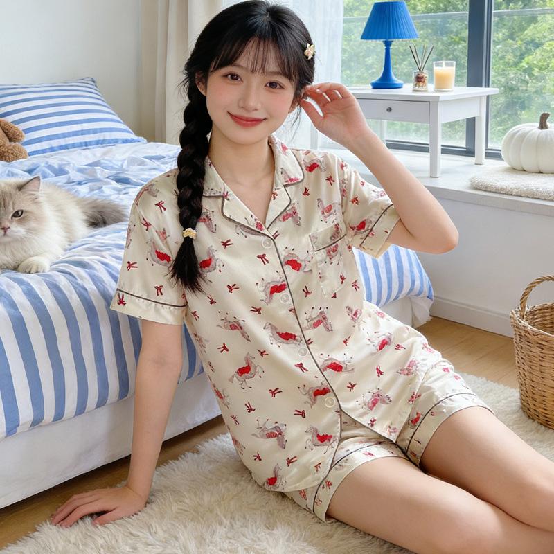Sweetheart Girl Wind Ice Silk Pajamas Short-Sleeved Set Summer Thin Silk Texture Cardigan Loungewear Can Be Worn Outside