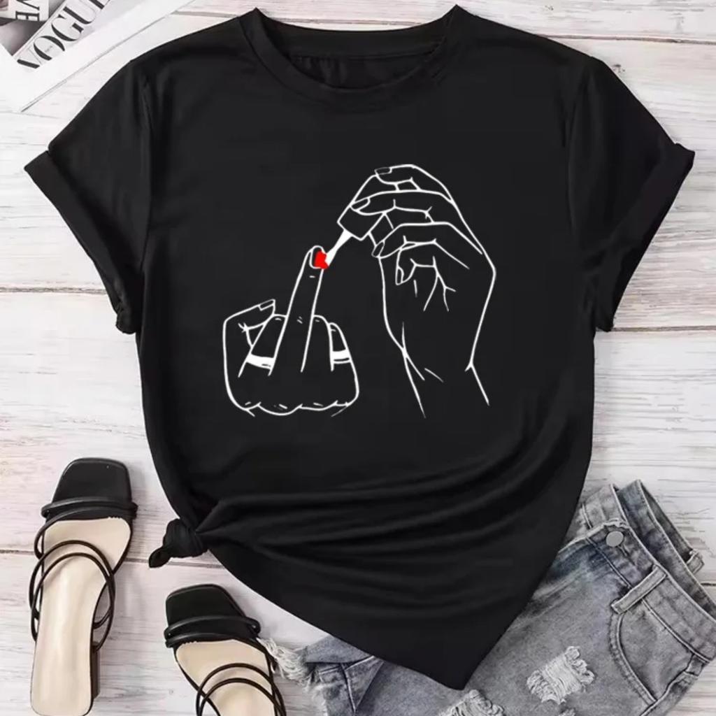 Middle Finger Nail Polish Prints T Shirt Summer Comfortable Soft Short Sleeve O-Neck Tops Casual Female Clothes