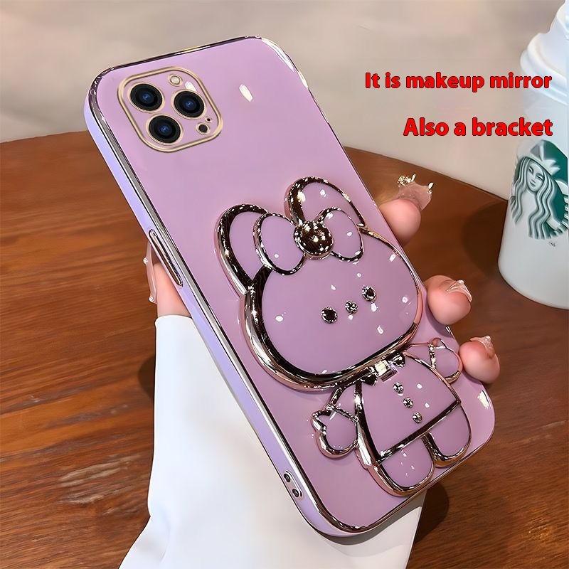 Cute Rabbit Mobile Phone Stand Foldable Mirror Bracket 360 Rotation Sticky Back Lazy Desktop Holders for Women Make Up Support