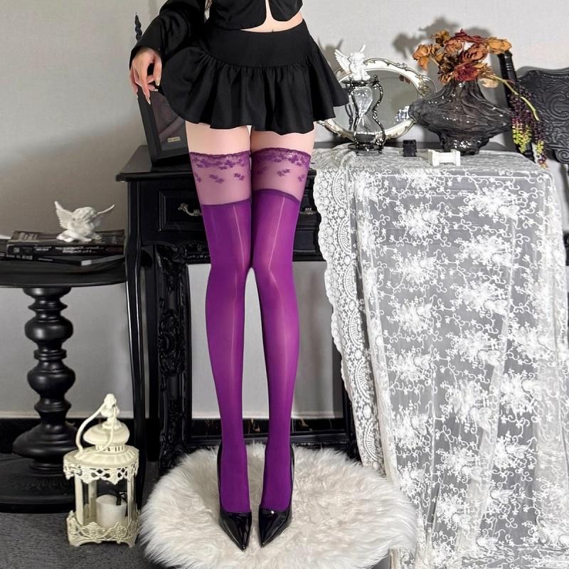 Charming Purple Thigh High Stockings Silicone Transparent Medias See Through Erotic Lingerie Lace Transparent Party Stockings