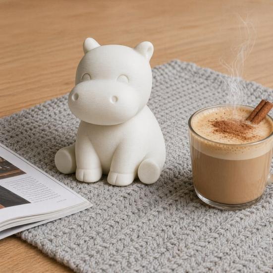 Compact Hippo Sculpture 3D Printed Hippopotamus Statue, Mini Size Desktop Decoration, Solid White Accessory Matte Finish Figurine for Home Office