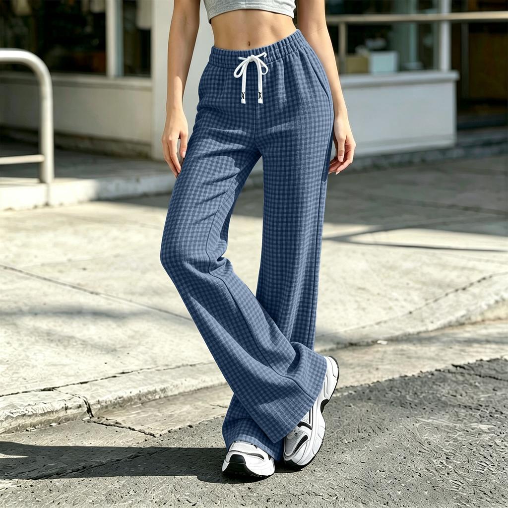 Women's Plaid Flare Pants with Waist for Casual and Home Wear