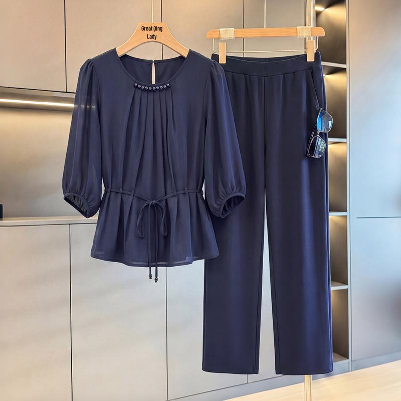 Elegant Middle-Aged Women s 2026 Summer Wide-Leg Suit Set XL