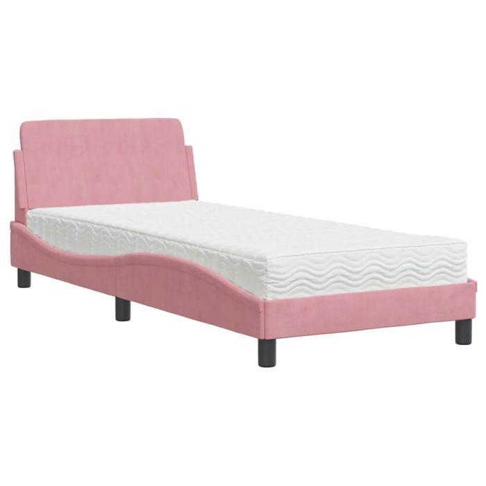 VidaXL Bed with Pink Mattress 90x200 Cm Velvet, Bedroom Furniture, Single Bed, Curved Bed Frame, Slatted Base, Velvet Bed 3208336