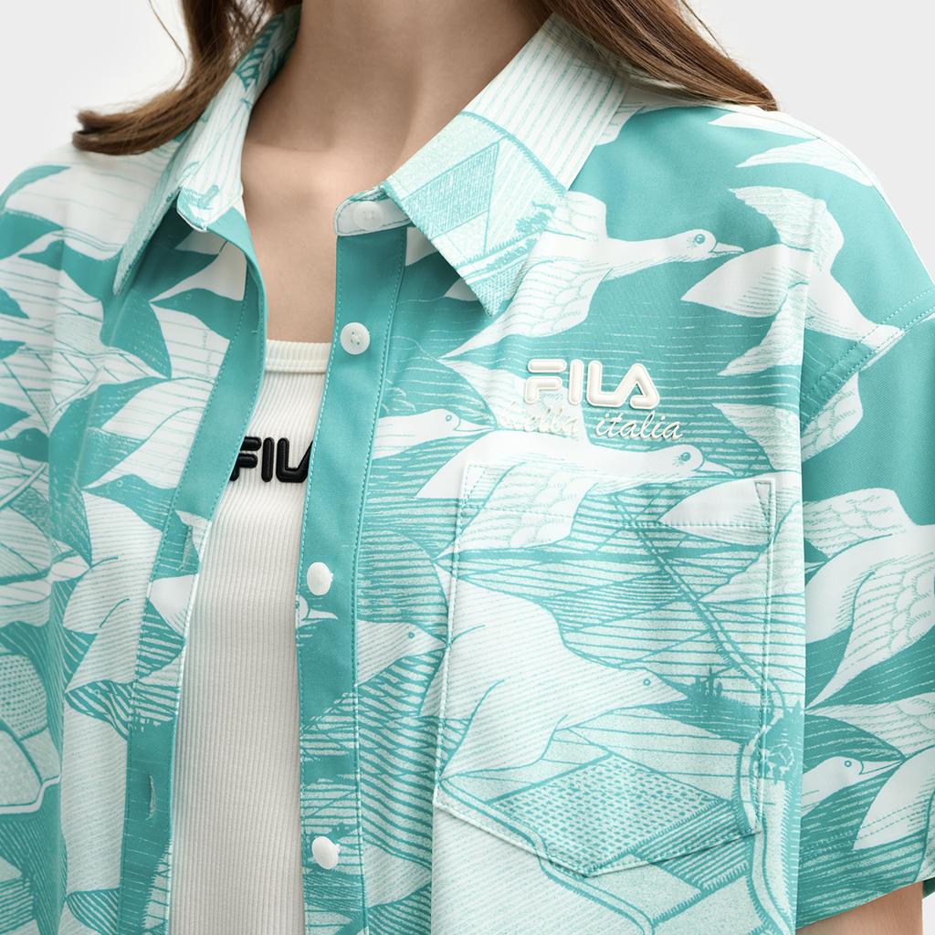 Fila X M.C. ESCHER Heritage Series Fashion Casual Simple Short Sleeve Shirt Women Shirts Blue F11W538402F-ZA