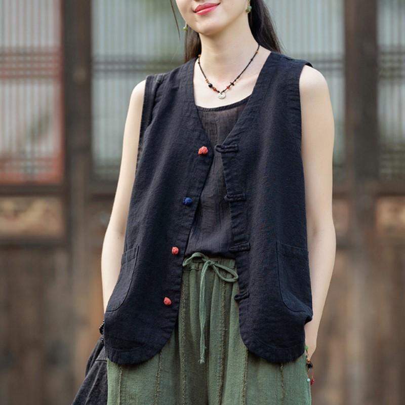 Johnature Women Chinese Style Vests Coats V-Neck Solid Color Button Vintage Cloths Autumn Pockets Vests