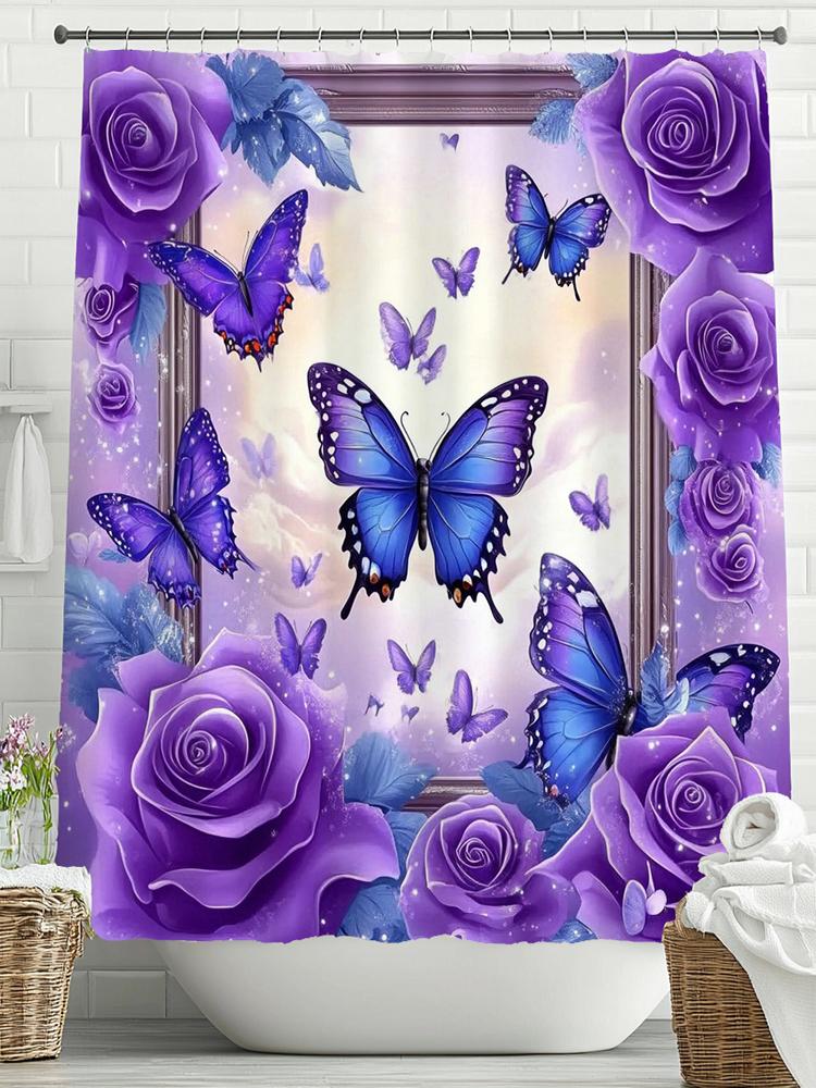 Beautiful Purple Flower Butterfly Style Shower Curtain, Bathroom Decorative Shower Curtain, Waterproof Shower Curtain With Hooks