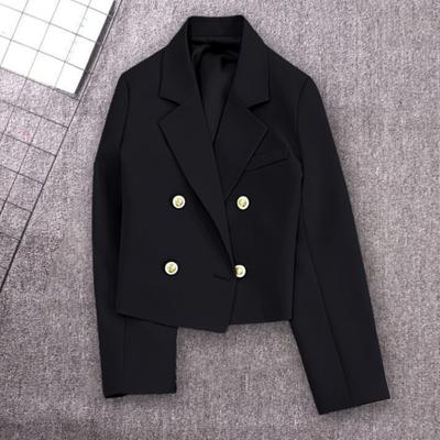 Lente Dames Effen Kleur Cropped Blazer Revers Lange Mouw Double Breasted Kantoor Jas Pak Jas Werkkleding