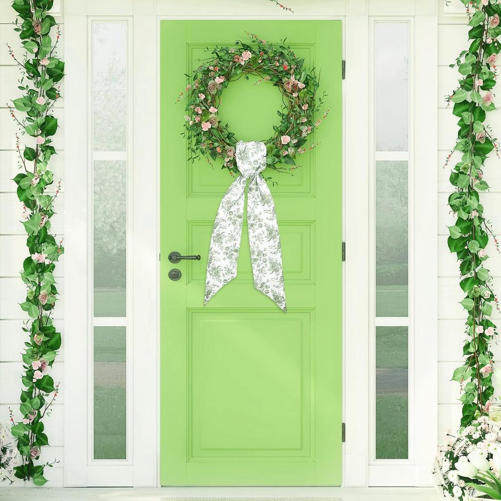 Whaline 2Pcs Green Flower Wreath Sash for Front Door Chinoiserie Floral Garland Ribbon for Holiday Party Home Decor Indoor Outdoor