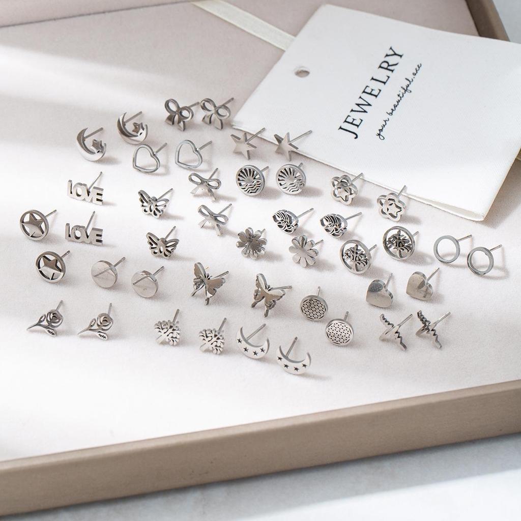 European & American Style Titanium Steel Star, Moon & Bowknot Stud Earrings for Women