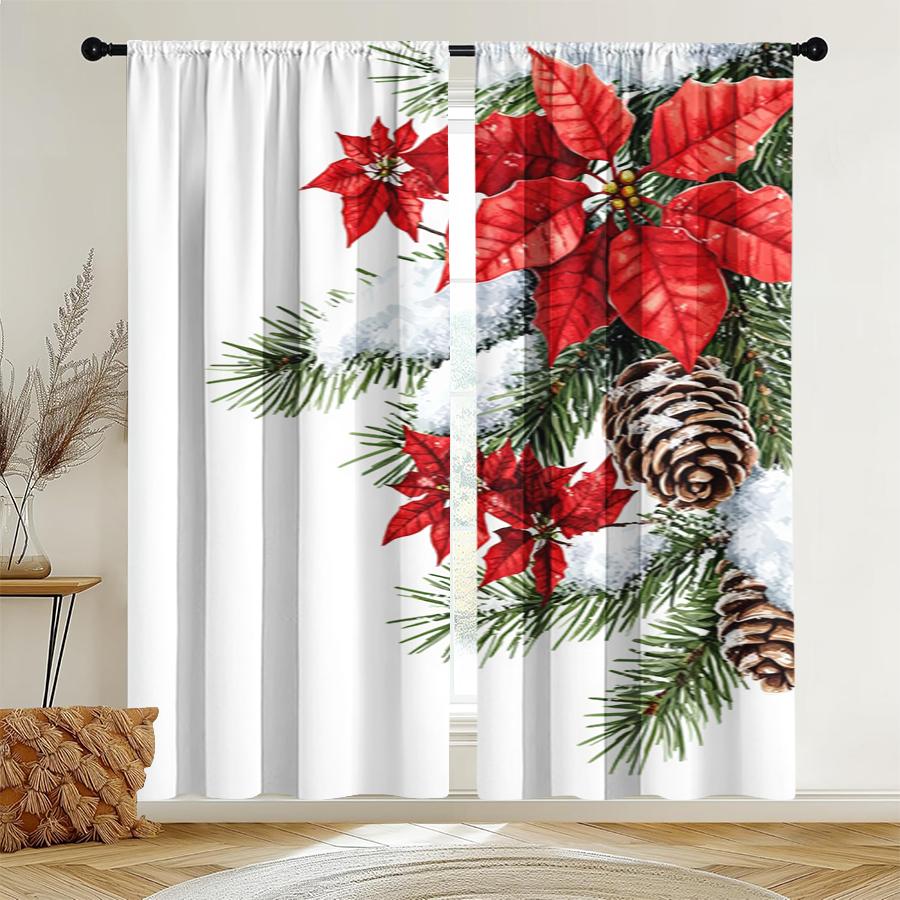 

2 Pcs Artistic Floral Curtains Light Filtering Design PolyesterHoliday Winter Window Decor Home Accent Rod Pocket Curtains 100*130 HOOK 1pcs