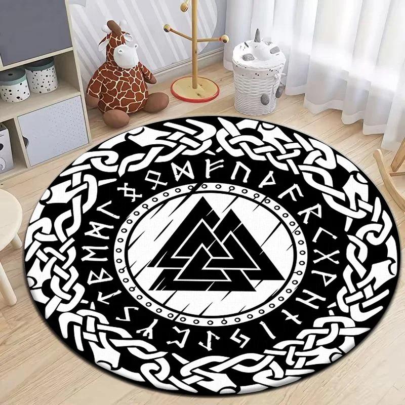 Viking Inspired Round Rug with Norse Symbols and Celtic Patterns Floor Mat for Nordic Decor Adding Mystic Ancient Charm