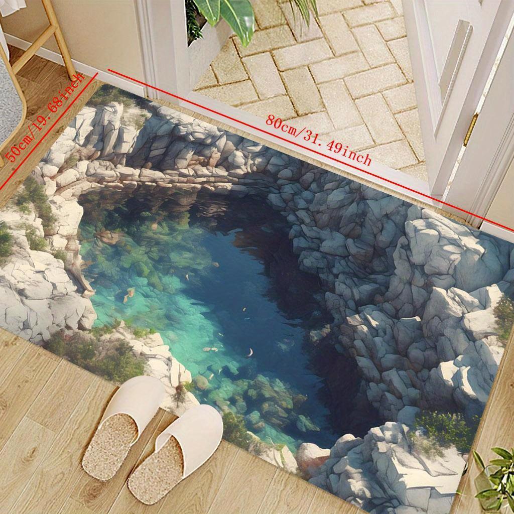 Rocky Pool Illusion Rug - 3D Waterfall Effect, Creative Entrance Mat, Unique Home Decor Anti slip carpet can be machine washed
