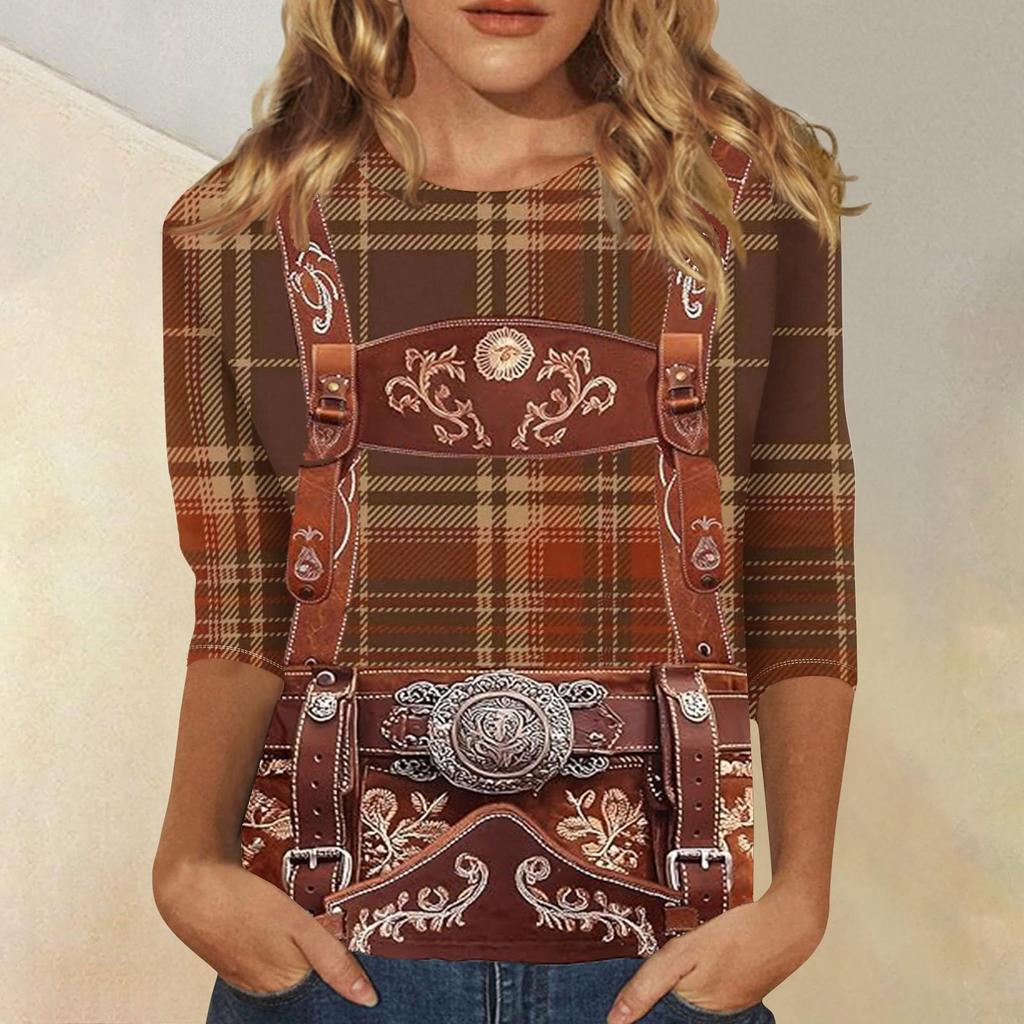 Women Casual Three Quarter Sleeve Oktoberfest Print Round Neck Top Fashion Loose Fit Lightweight Pullover Shirt for Autumn