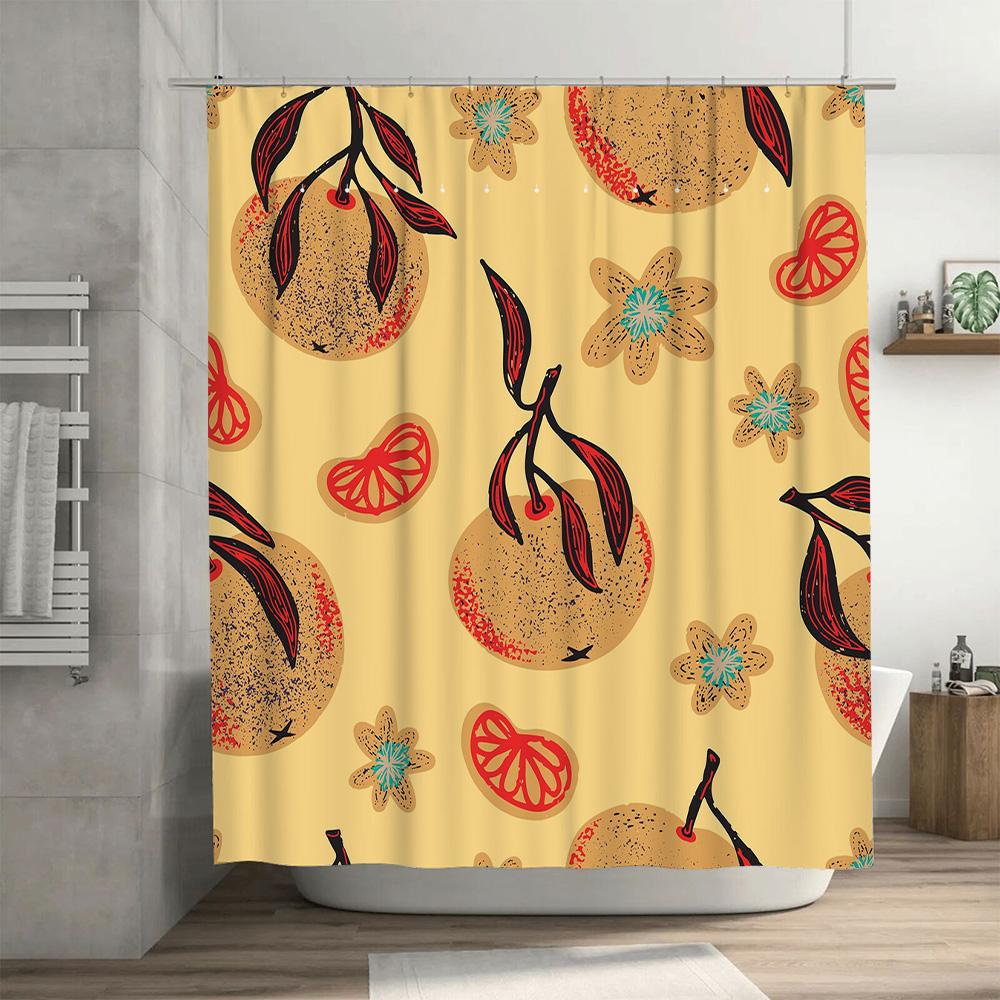 Brightly Colored Orange Floral Shower Curtain For Bathroom Decor Modern Pattern With Red Accents In Yellow Background (Sizew72 X