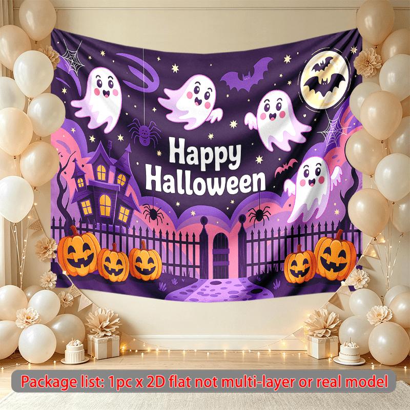 Pumpkins Ghosts Halloween Night Backdrop, Spooky Polyester Banner for Party Decor & Photos