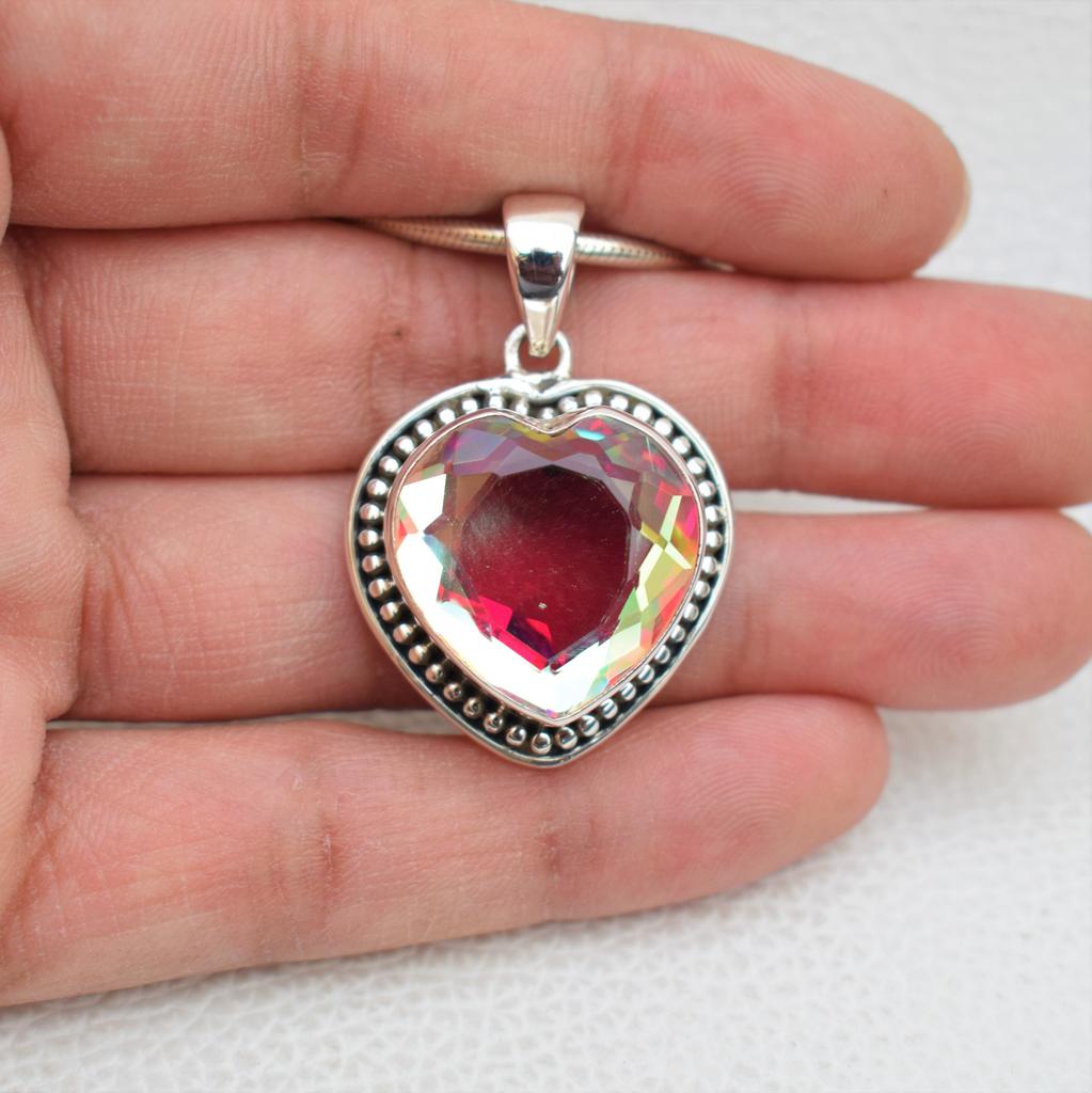 Angel Aura Quartz Pendant, Handmade 925 Sterling Silver Heart Shape Aura Quartz Pendant, Gift for her, Anniversary Pendant