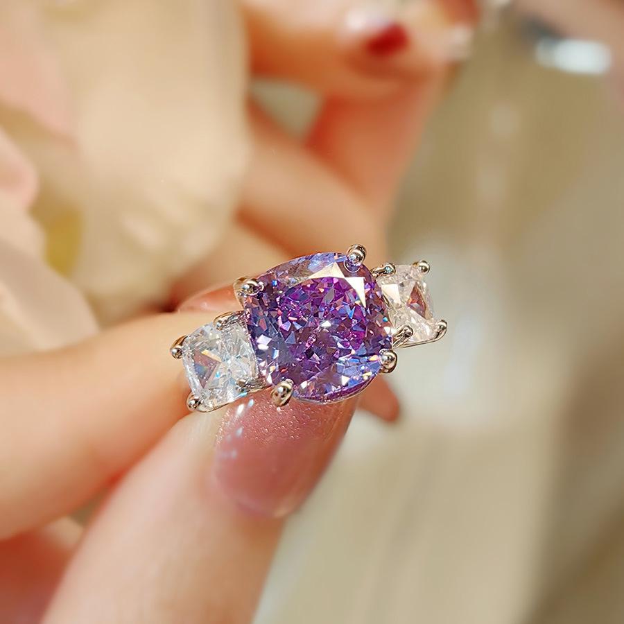 Luxurious Pink Diamond Necklace & Purple Pendant, High Carbon Diamond Earrings, and Ice Flower Cut Ring Gemstone Set for Women